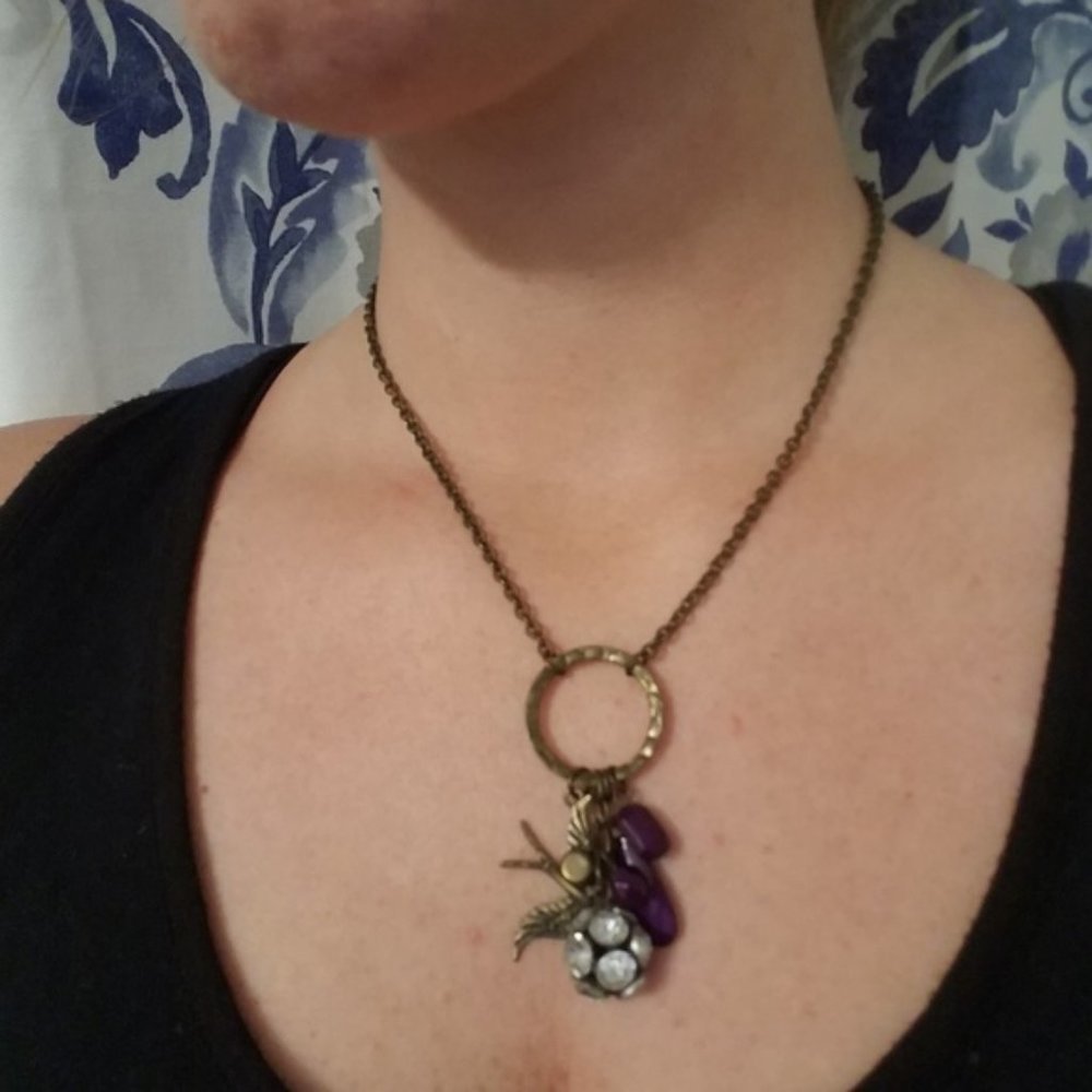 Swallow Pendant Bird Necklace Rhinestones Purple Beads Brass Boho Casual Classic